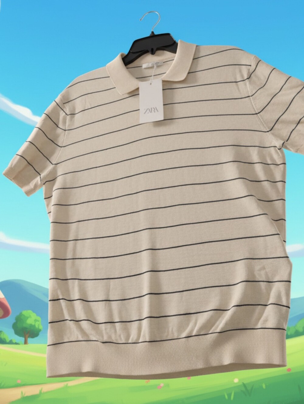 ZARA Cream Polo with Thin Navy Stripes